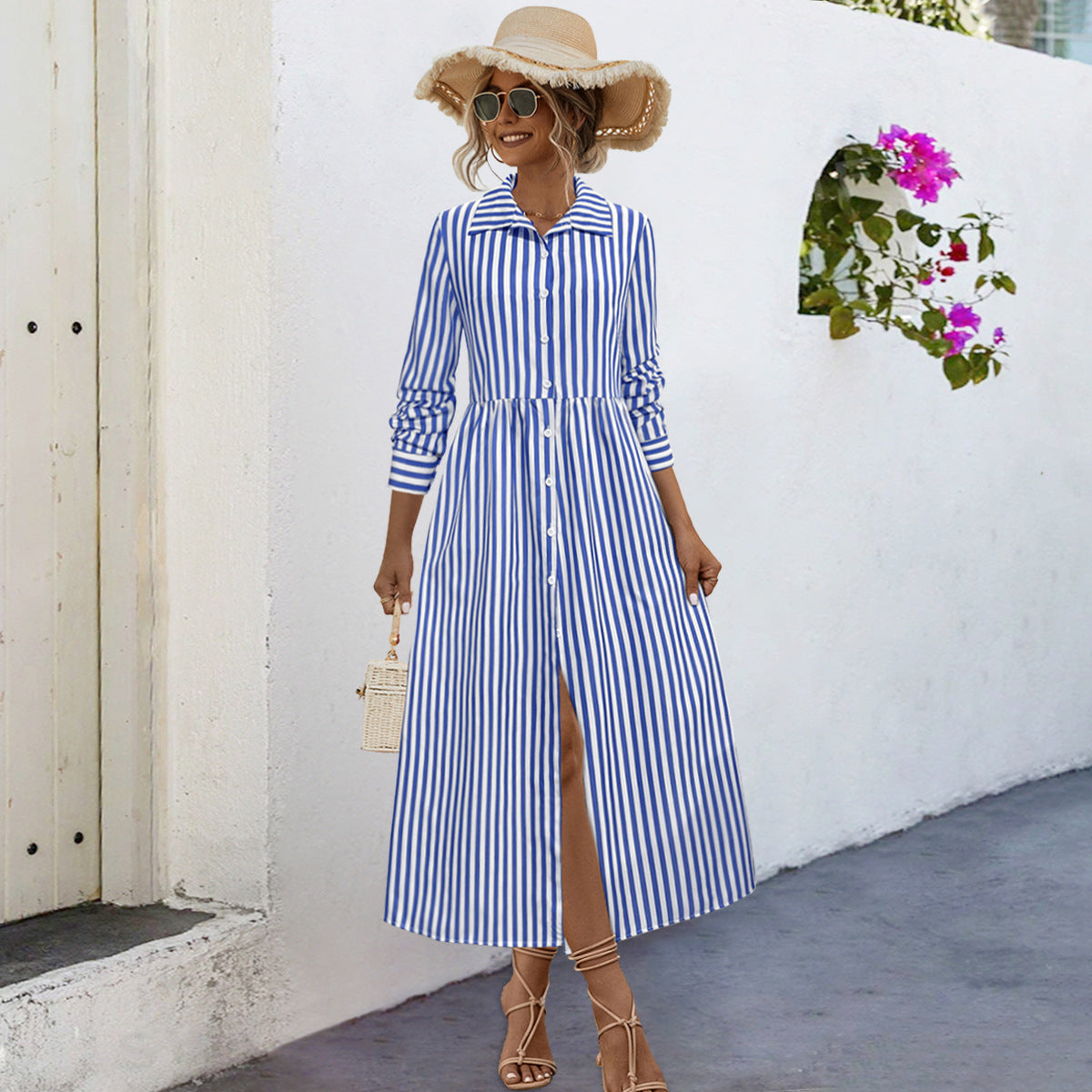Damen Midi-Kleid mit eleganten Streifen und strukturierter Knopfleiste Sovae