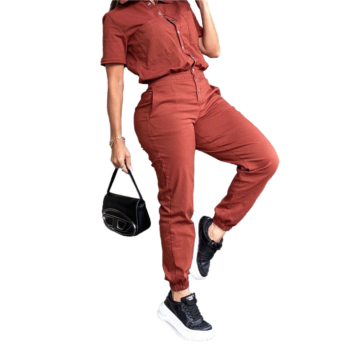 Damen Trendiger Kurzoverall mit Hemdkragen und elastischer Taille Sovae
