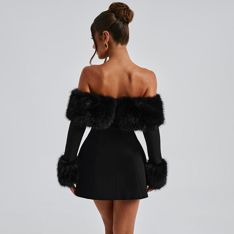 Damen Off-Shoulder Kleid mit eleganter Pelzverzierung Sovae
