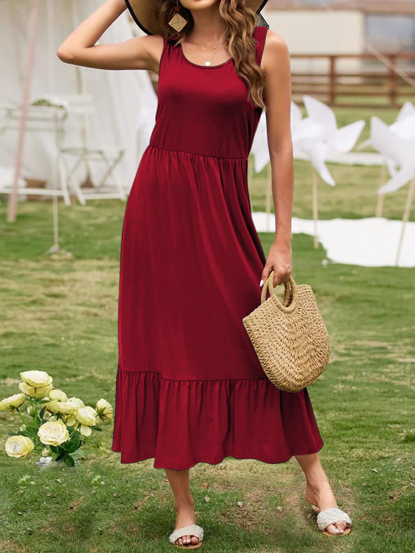 Damen lässiges Maxikleid mit Rüschen und lockerem Schnitt Sovae