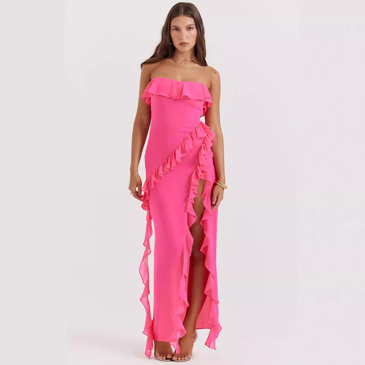Damen elegantes, schulterfreies Maxikleid mit Rüschendetails Sovae