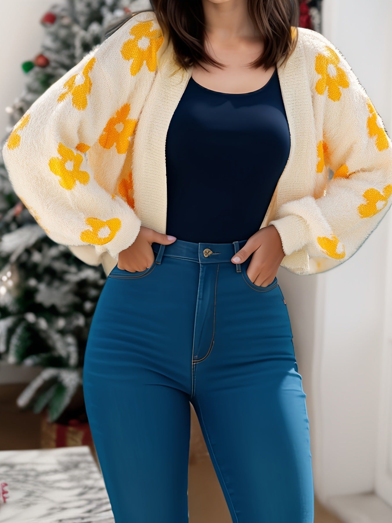 Damen modischer Cardigan mit floralem Design Sovae