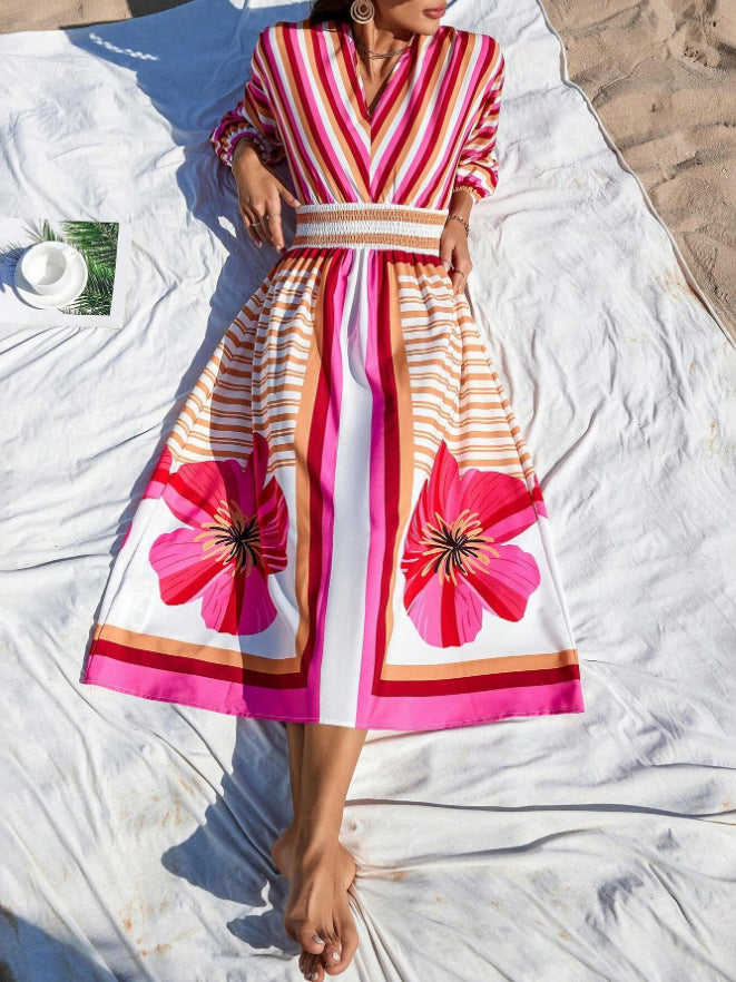 Damen Elegantes Maxikleid mit floralem Design und Streifen Sovae