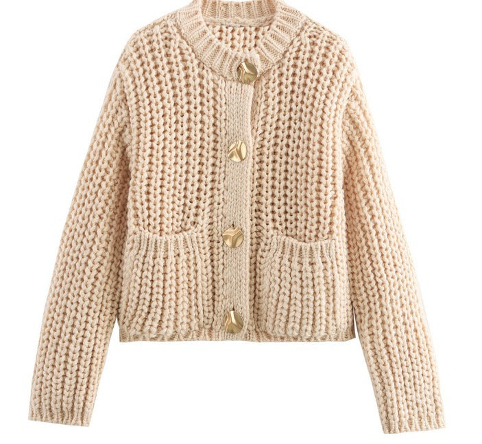 Damen kuschelige Strickjacke mit dekorativen Knöpfen und praktischen Taschen Sovae
