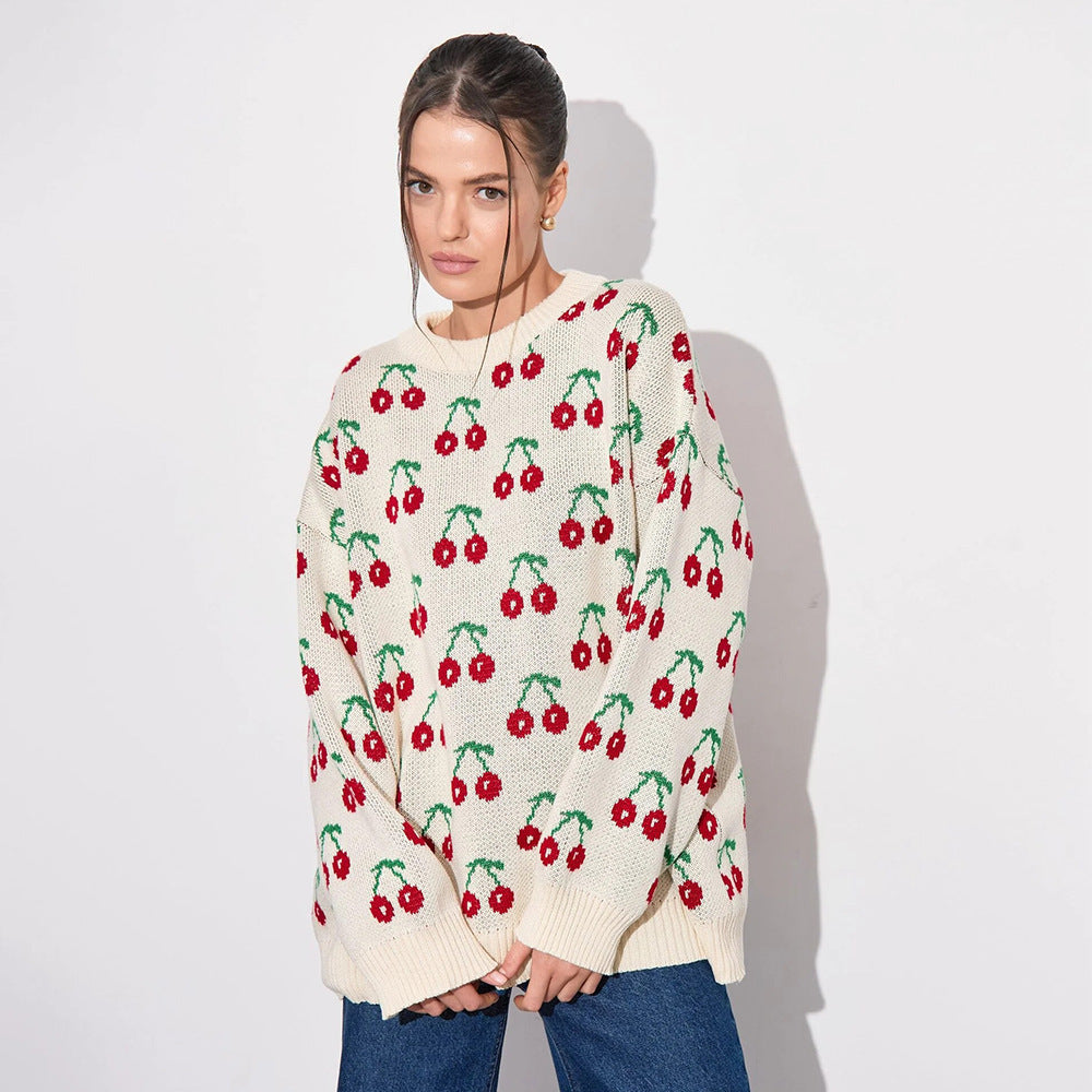 Damen Kuscheliger Strickpulli mit Kirschenmuster Sovae