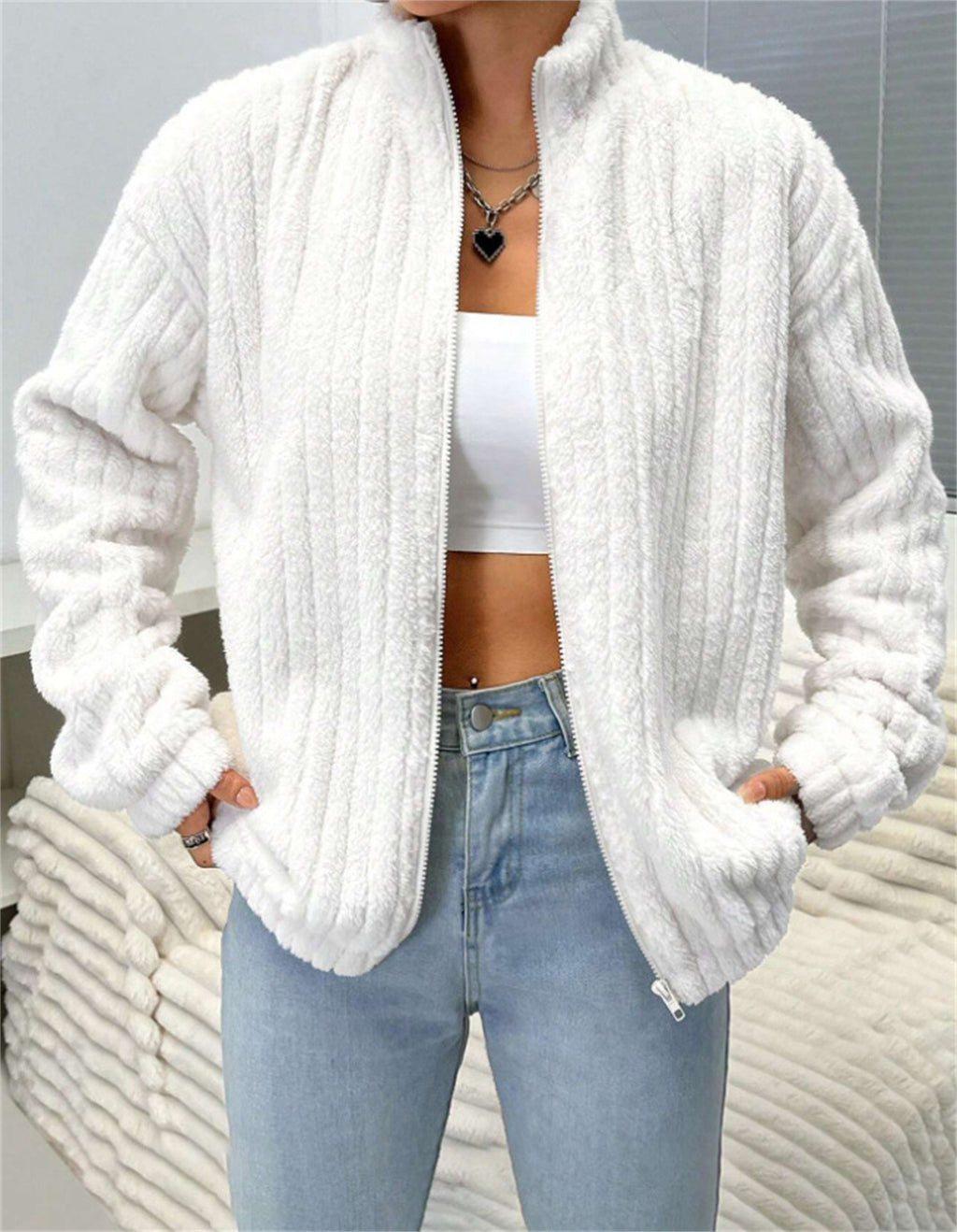 Damen weiche Fleecejacke mit hohem Kragen und Reißverschluss Sovae
