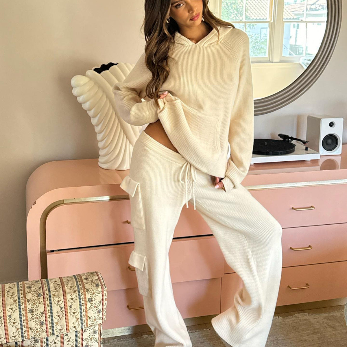 Damen Kuscheliges Rippstrick-Hoodie mit Kängurutasche Sovae