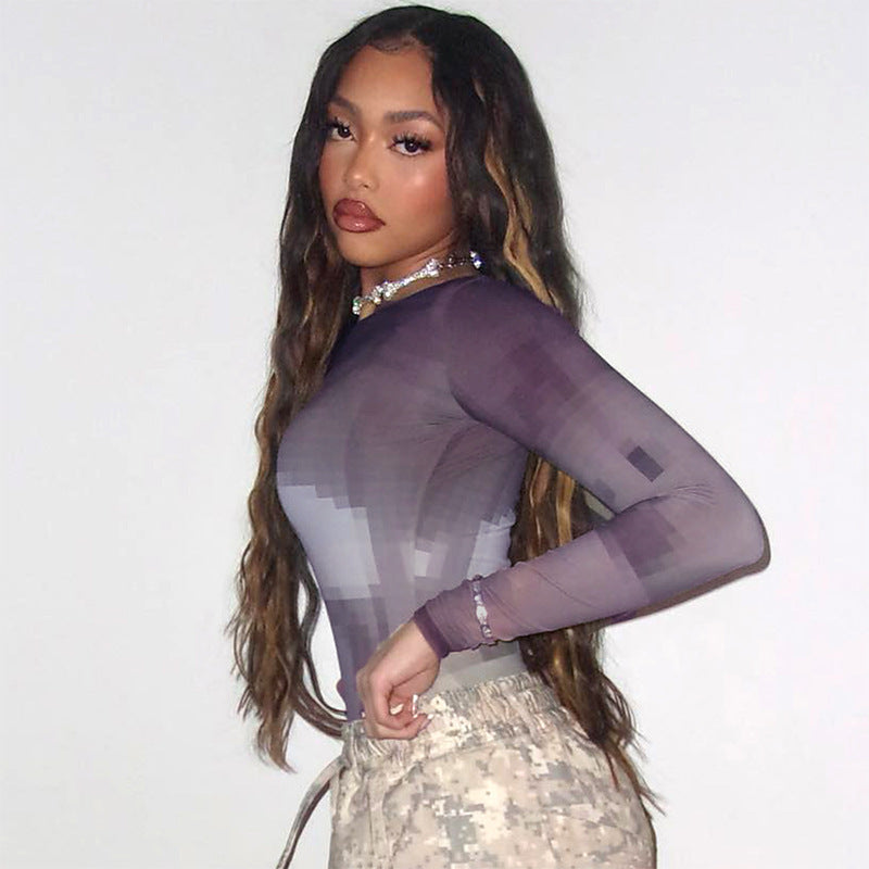 Damen Langärmeliger Bodysuit mit pixeliertem Design Sovae