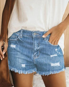 Damen Zerrissene Denim-Shorts mit fransigen Säumen Sovae
