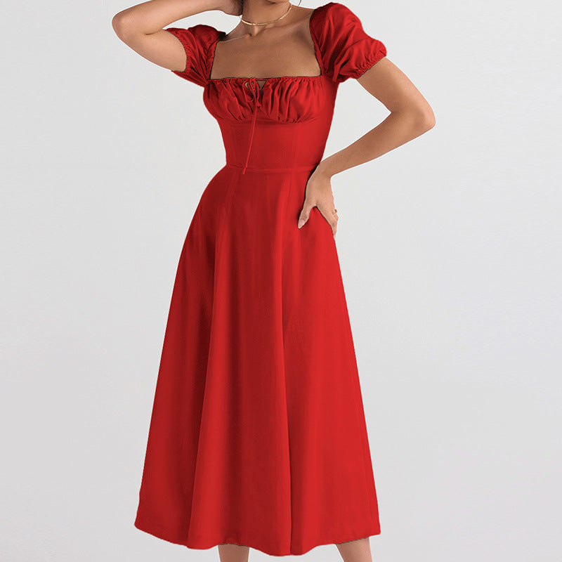 Damen Midi-Kleid mit Puffärmeln und verstellbarem Schnürdetail Sovae