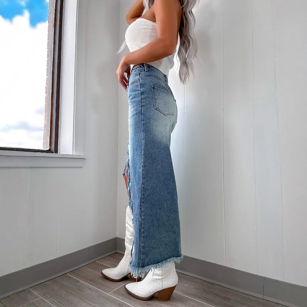 Damen High-Waist Denim-Rock mit Fransen und Schlitz Sovae