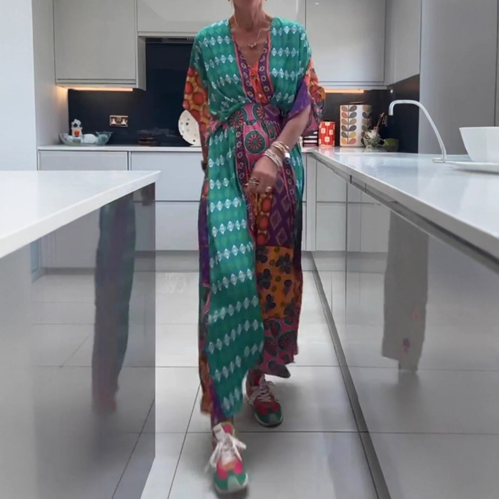 Damen Viskose Maxikleid mit buntem Patchwork-Design und weiten Ärmeln Sovae