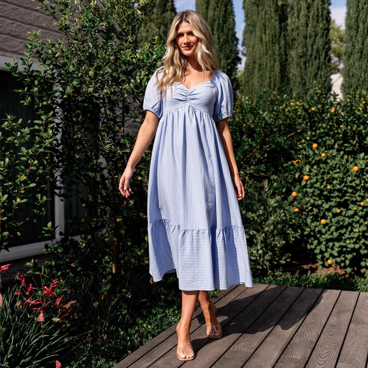 Damen lässiges und schickes Midi-Kleid mit Puffärmeln Sovae