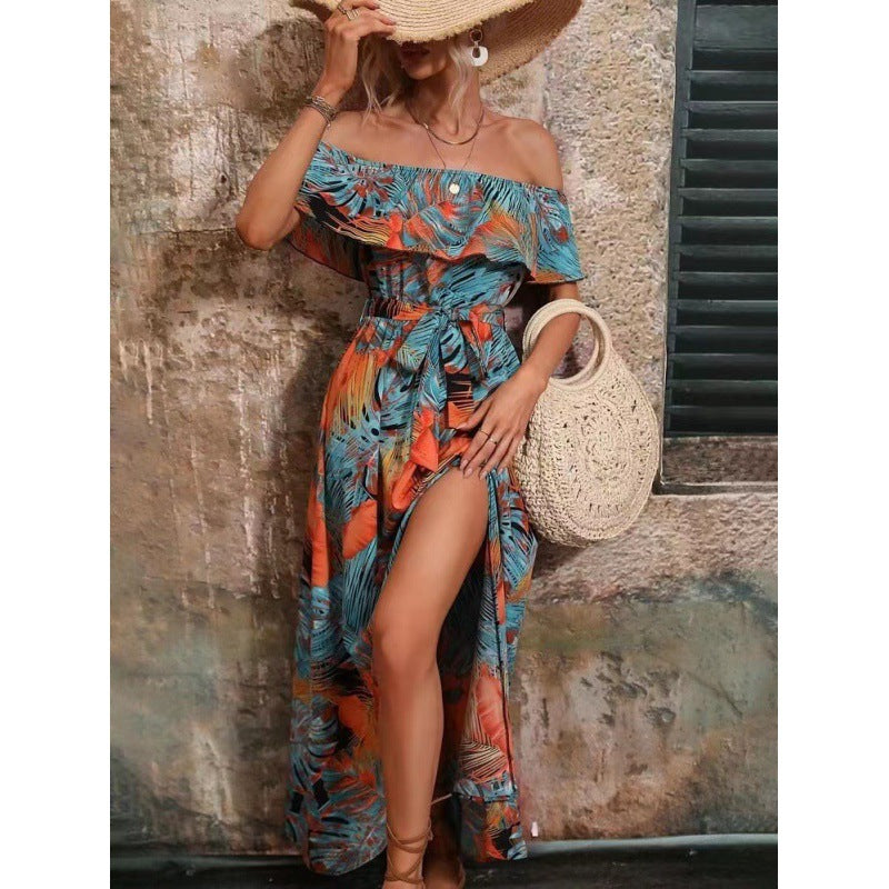 Damen Maxikleid mit Off-Shoulder-Ausschnitt und tiefem Schlitz Sovae