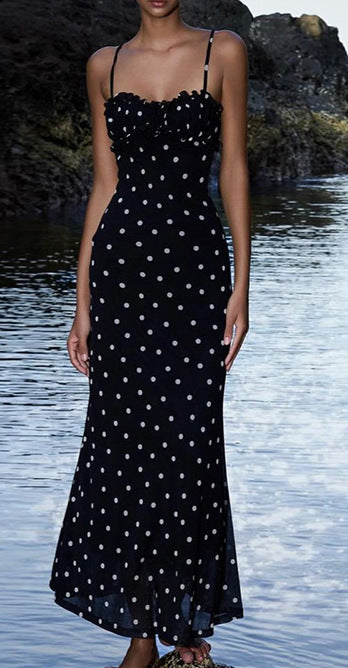 Damen Maxikleid mit Rüschendetails und Polka-Dots Sovae