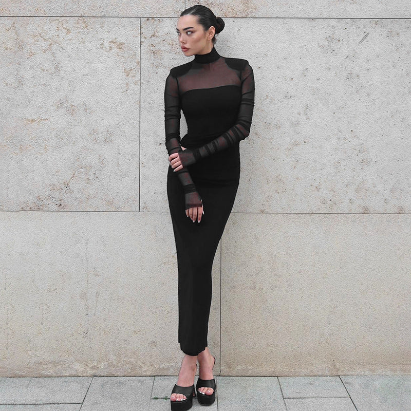 Damen Elegantes Maxikleid mit transparenten Ärmel und Stehkragen Sovae
