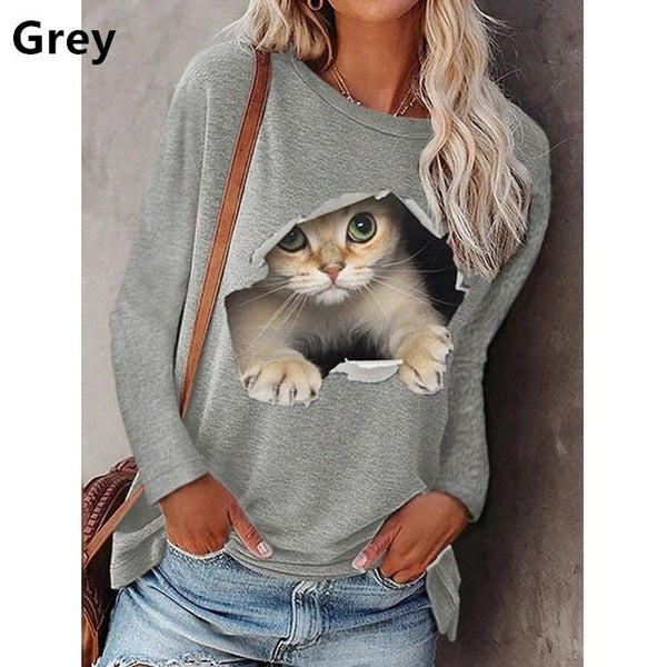 Damen Sweatshirt mit künstlerischem Katzenmotiv Sovae