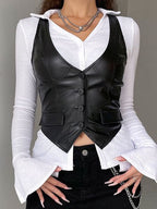 Damen Elegante Kunstleder Weste mit Knopfdetails Sovae