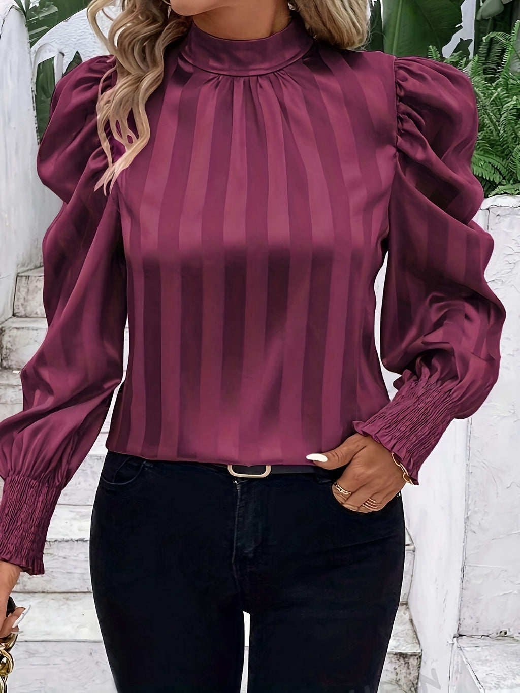 Damen Bluse mit Hochkragen und Puffärmeln Sovae