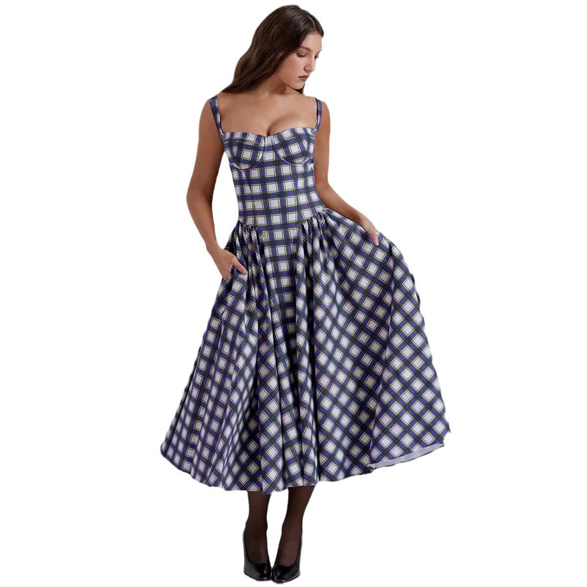 Damen Midikleid mit gerafftem Rock und modernem Karomuster Sovae