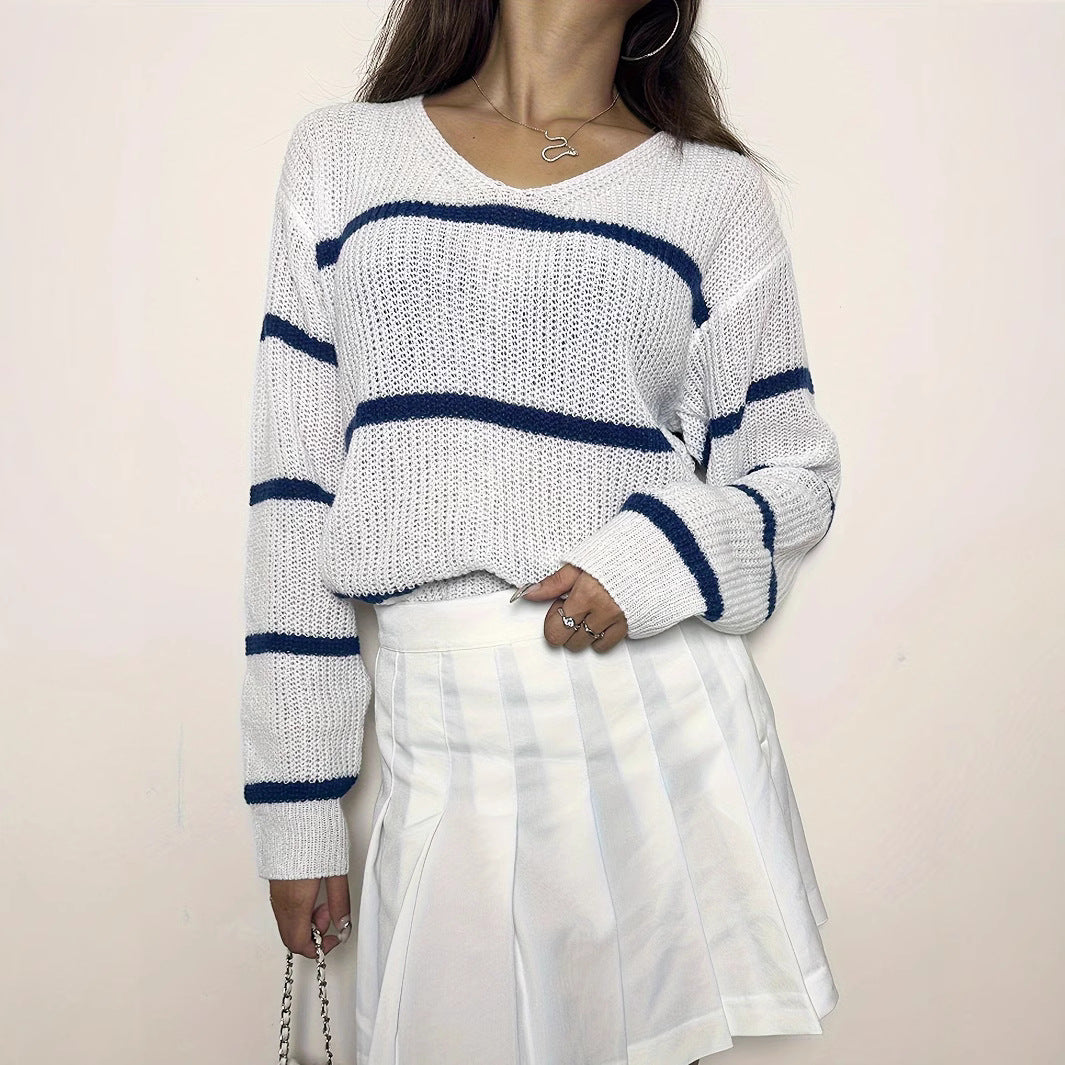 Damen lässiger Strickpullover mit Streifen Sovae