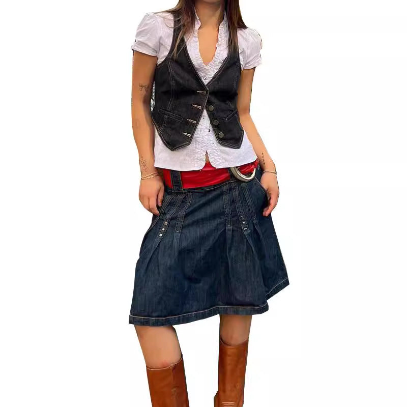 Damen modische Denim-Weste mit Taschen Sovae