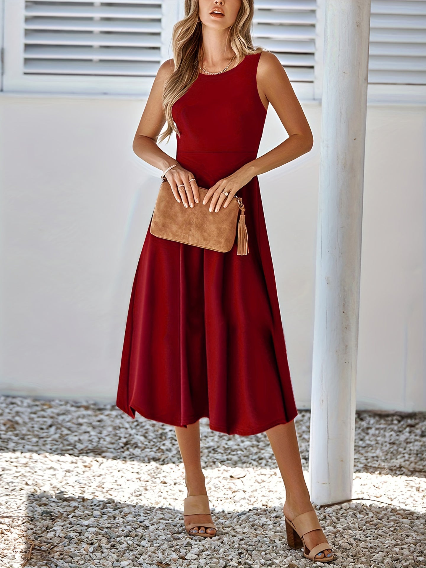 Damen klassisches Midikleid mit A-Linie und elegantem Rundhalsausschnitt Sovae