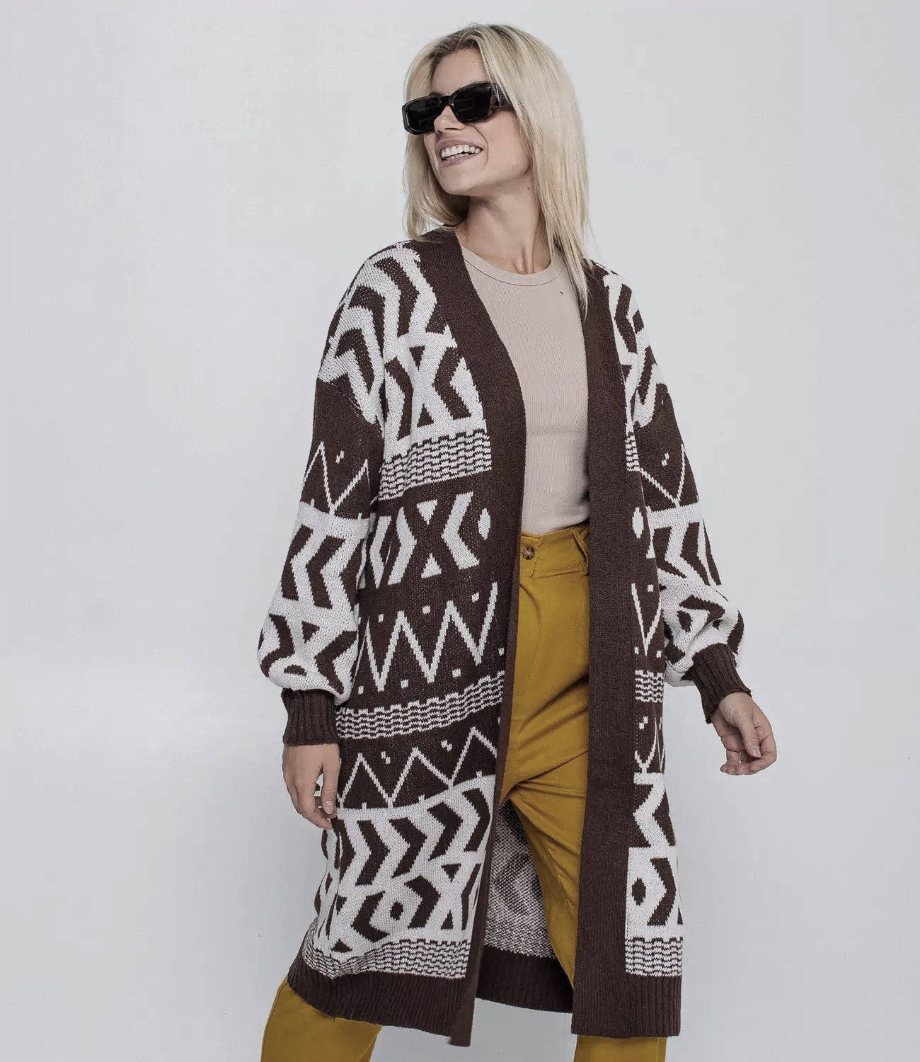 Damen Langer Strickcardigan mit geometrischem Muster und lässigem Schnitt Sovae