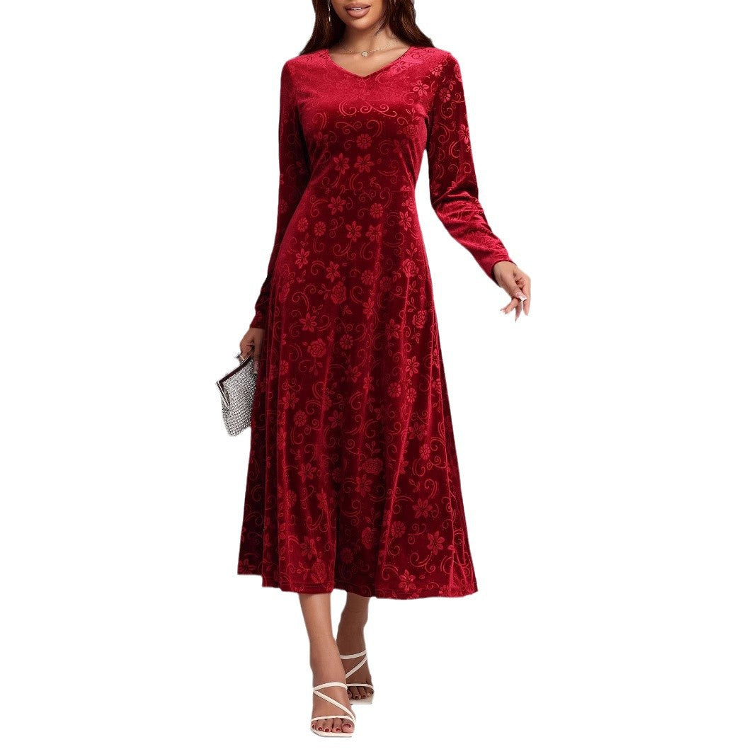 Damen Samt-Maxikleid mit floralen Mustern und langem Arm Sovae