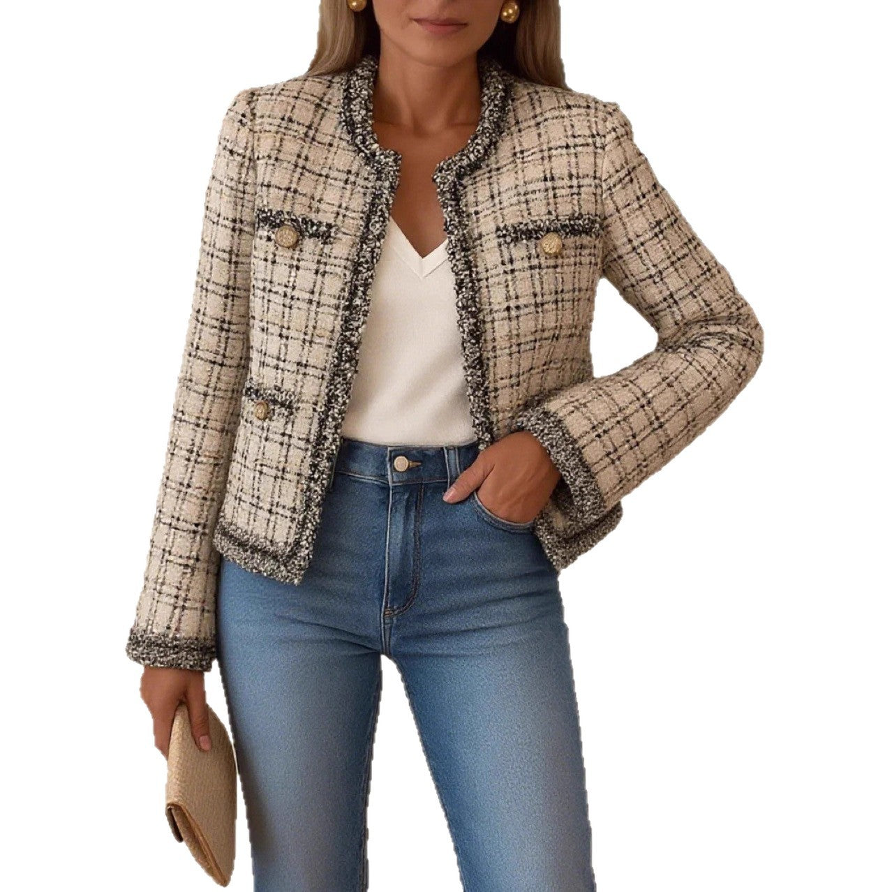 Damen elegante Tweedjacke mit dekorativen Knöpfen Sovae