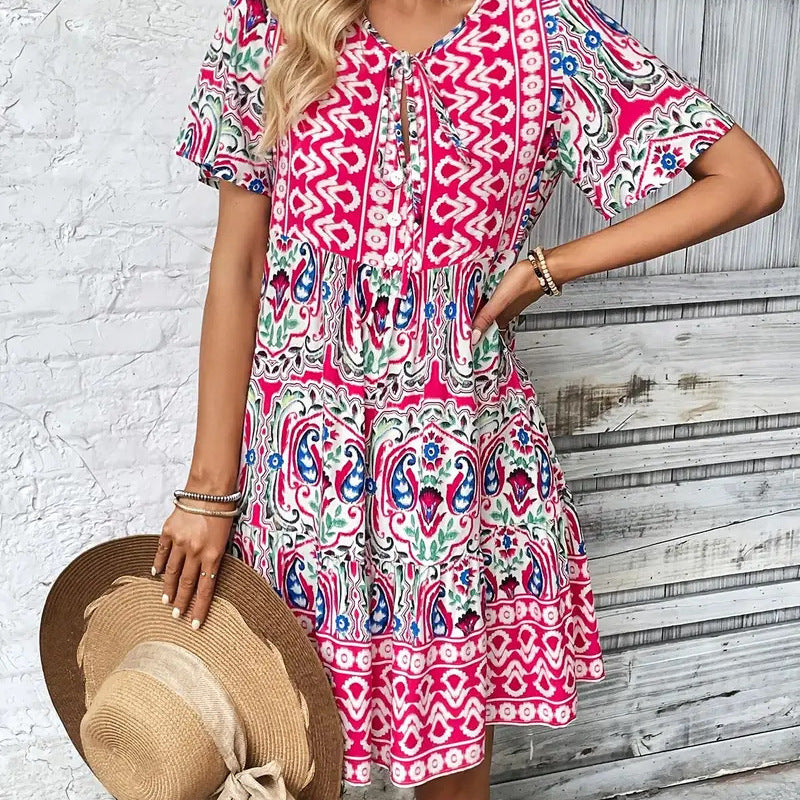 Damen Midi-Kleid mit verspieltem Muster und Knopfleiste Sovae