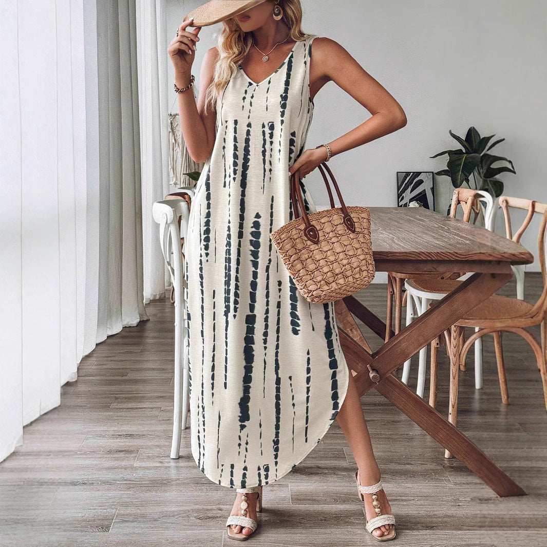 Damen Lässiges Maxikleid mit V-Ausschnitt und modernem Muster Sovae