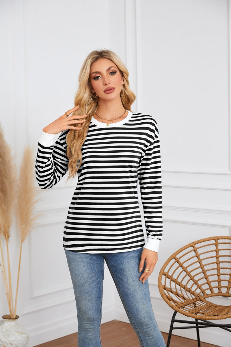 Damen gestreiftes Langarmshirt mit farblich abgesetztem Kragen Sovae