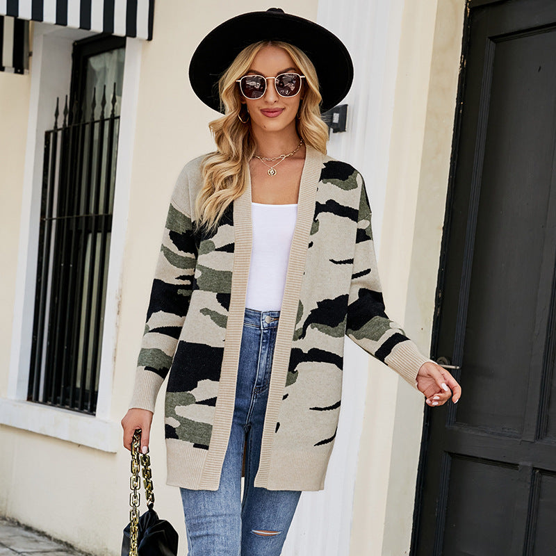 Damen modische Strickjacke im Camouflage-Design mit lässigem Schnitt Sovae