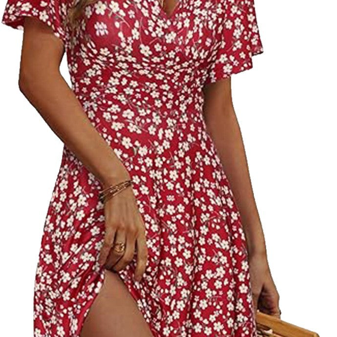 Damen florales Midikleid mit V-Ausschnitt und weit schwingendem Rock Sovae