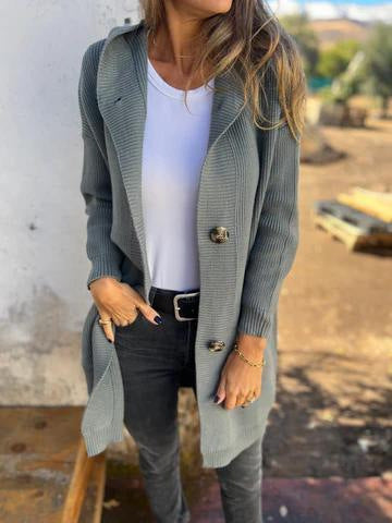 Damen lange Strickjacke mit Kapuze und Taschen Sovae