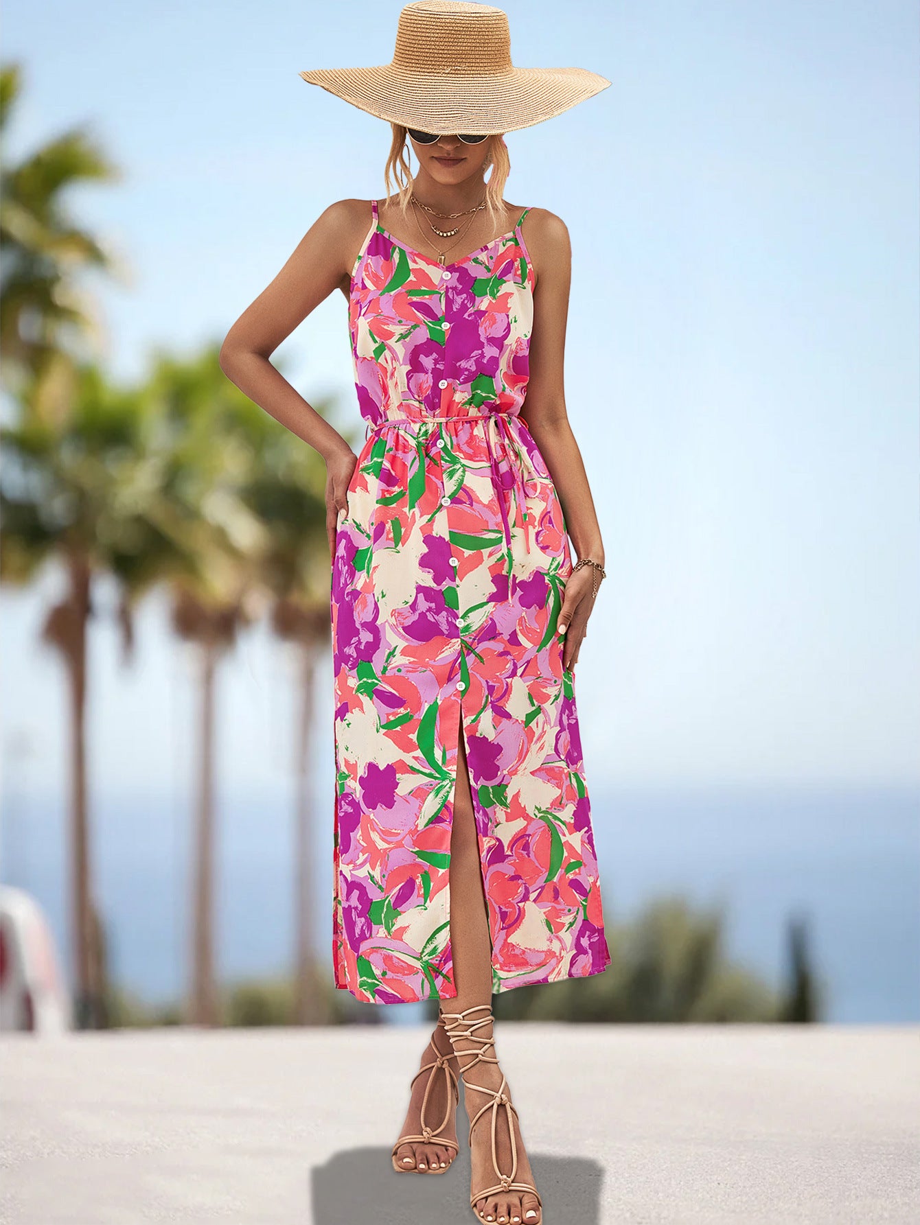 Damen Maxikleid mit floralem Design und elastischem Taillenbund Sovae