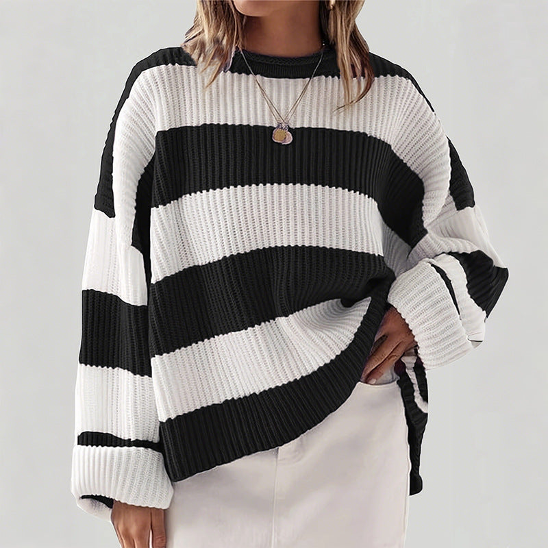 Damen lässiger Strickpullover mit breiten Streifen und lockerer Passform Sovae