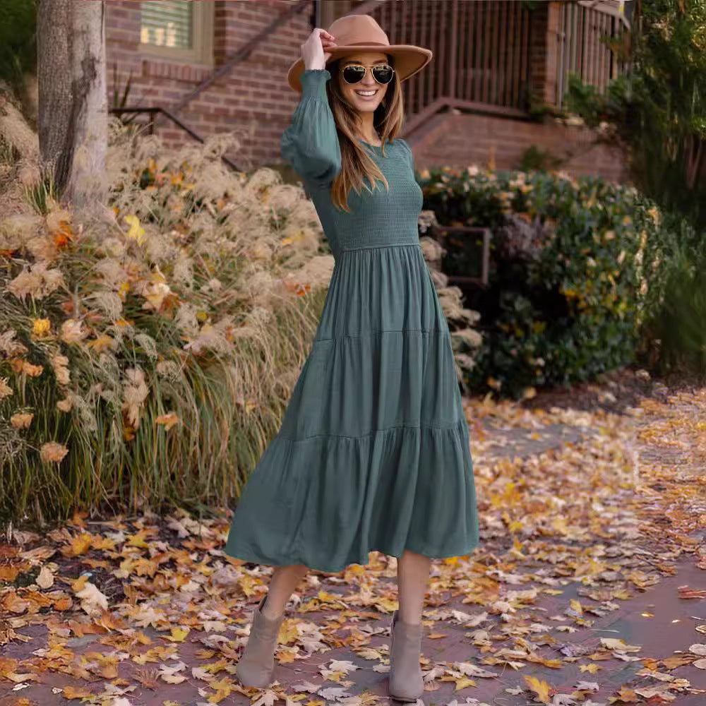 Damen Midi-Kleid mit Ballonärmeln und Rüschendetail Sovae