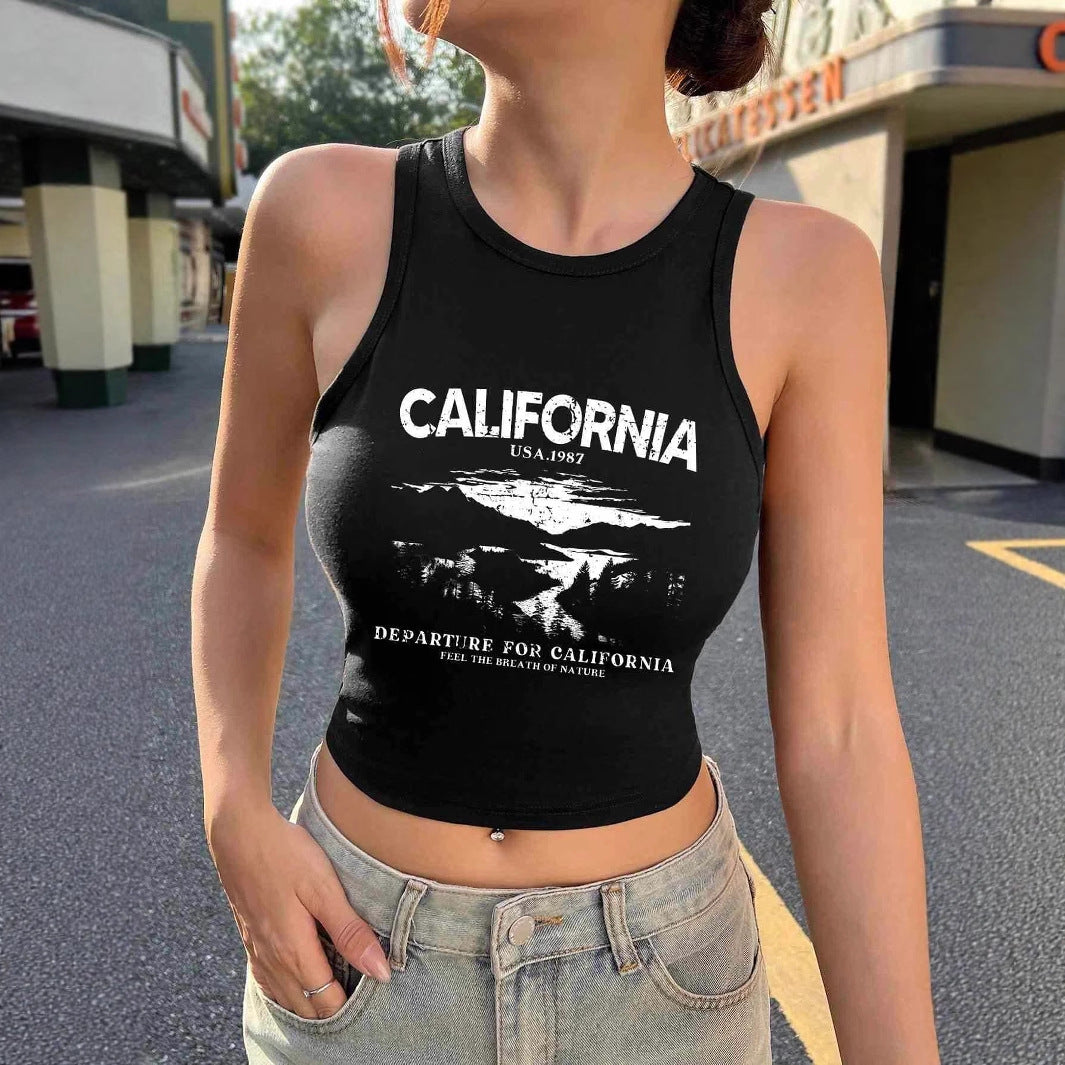Damen Trendiges ärmelloses Crop-Top mit kalifornischem Druck Sovae
