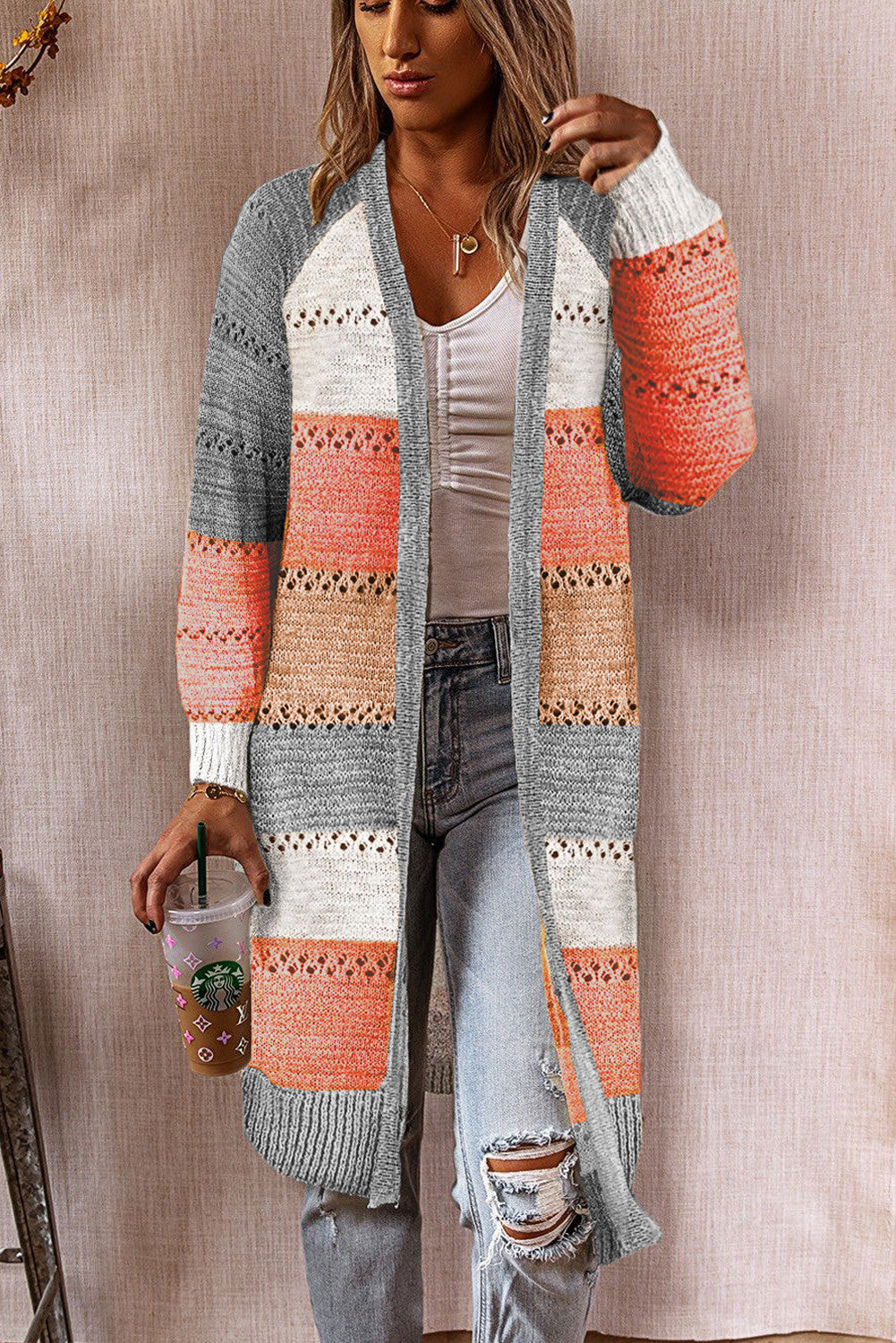 Damen Strickjacke mit modischem Farbblockdesign und luftigen Häkelstrickdetails Sovae