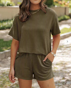 Damen komfortables Kurzarm-Jumpsuit Set mit geripptem Design Sovae