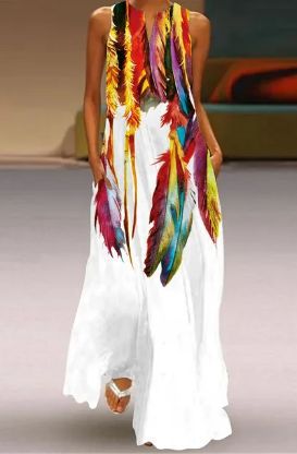 Damen Maxikleid mit modernen Federmuster und Seitentaschen Sovae