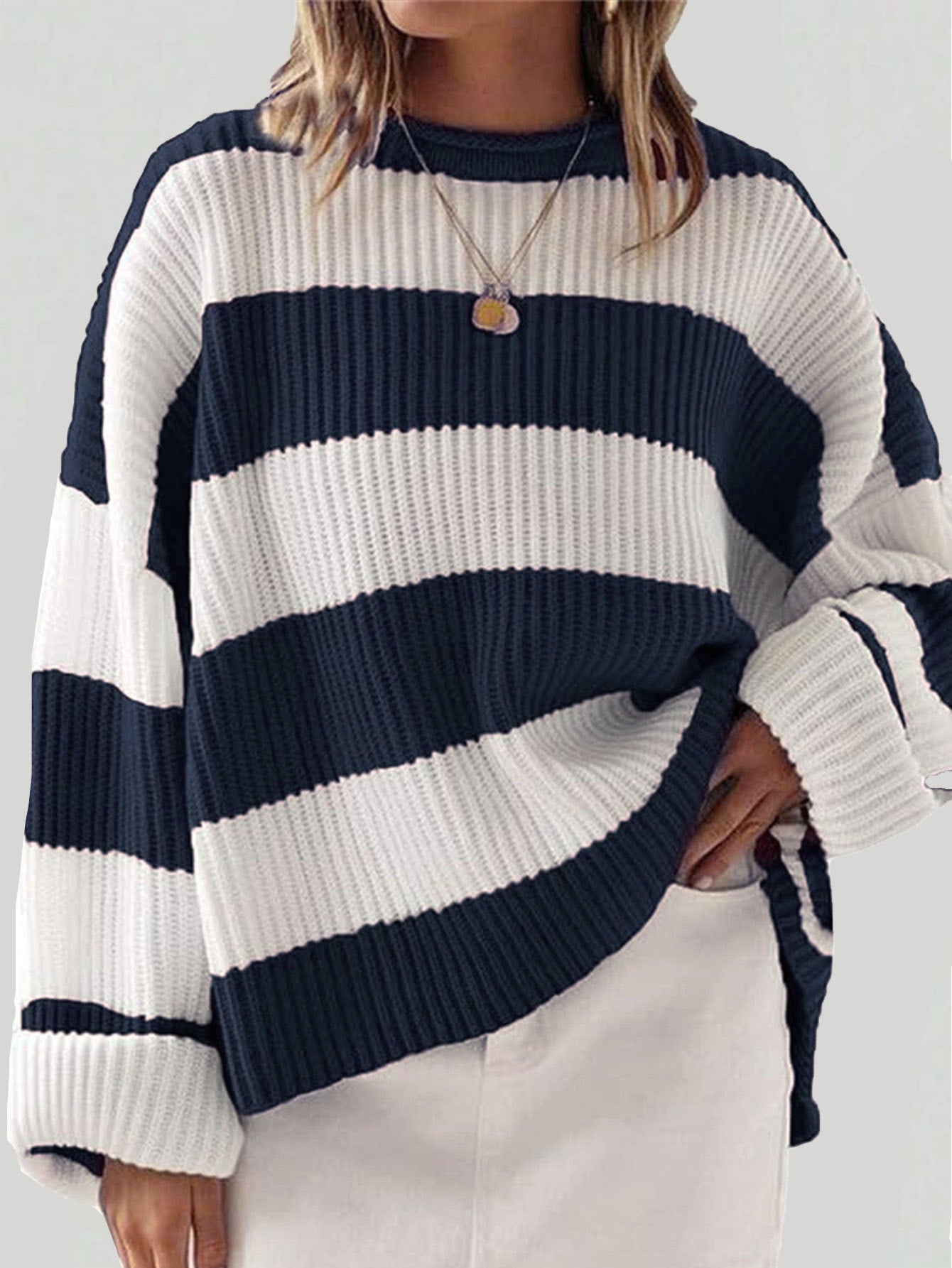 Damen gestreifter Strickpullover mit weitem Schnitt Sovae