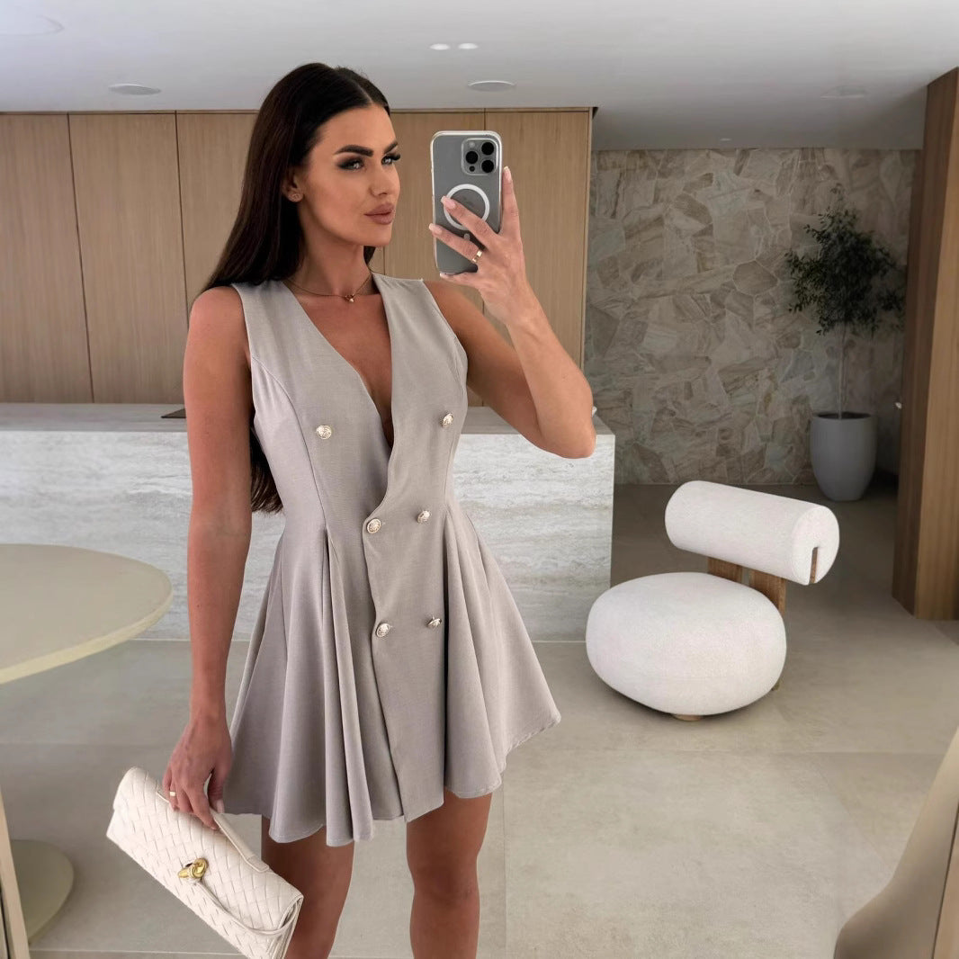 Damen Modischer Minikleid mit schwingendem Saum und Knopfdetails Sovae