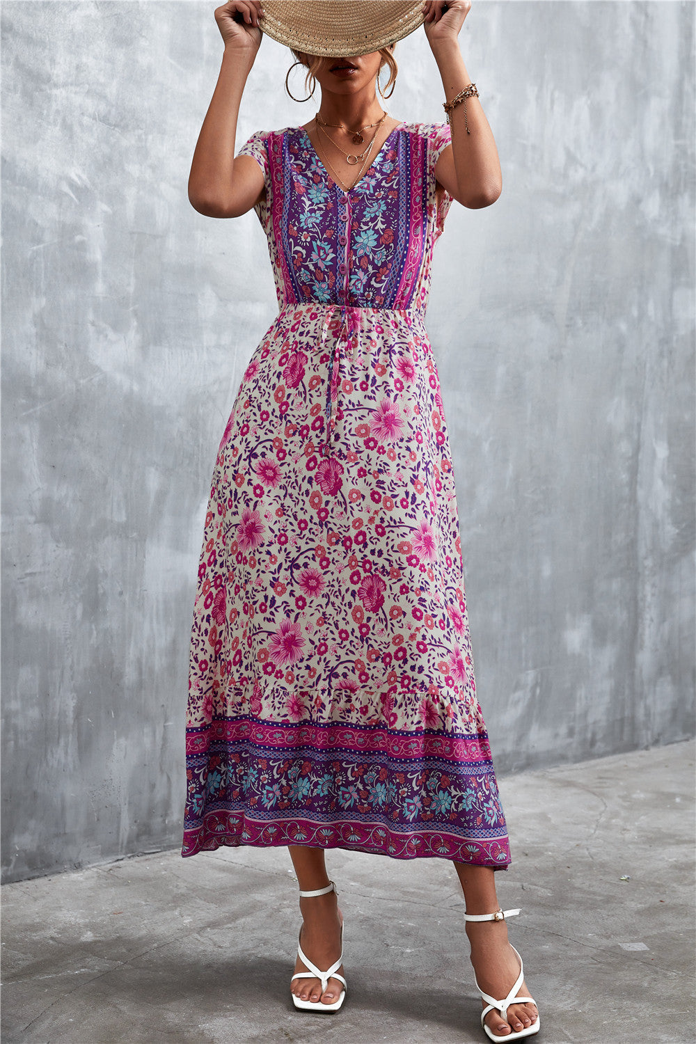 Damen Boho Maxikleid mit floralem Muster und elastischem Taillenzug Sovae