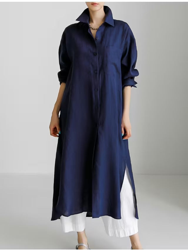 Damen Hemdblusenkleid aus leichtem Leinen mit seitlichen Schlitzen Sovae