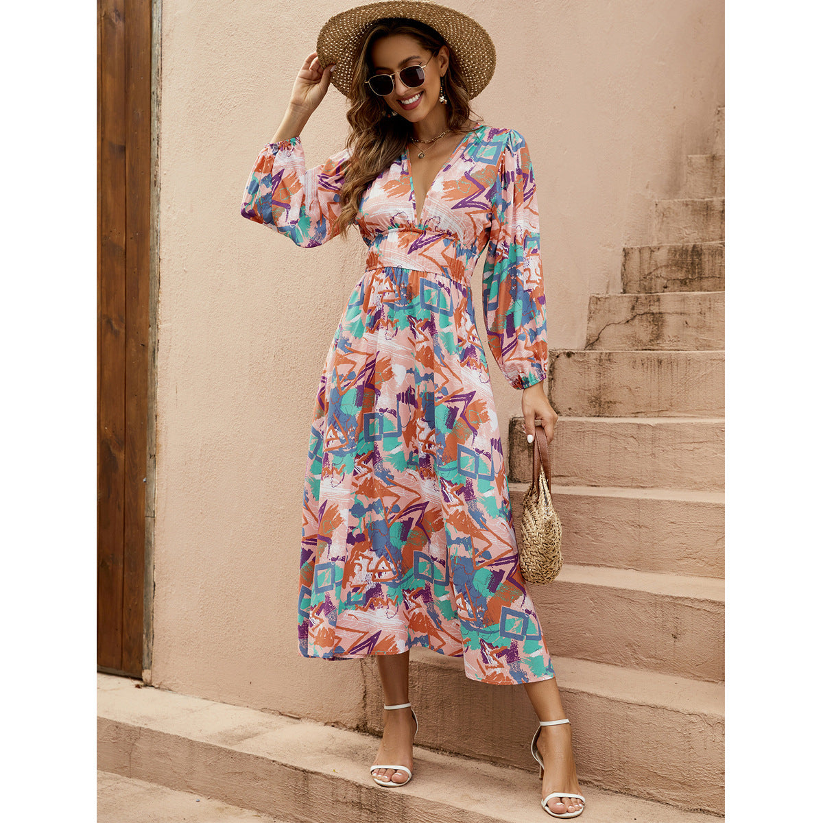 Damen Maxi-Kleid mit tiefem V-Ausschnitt und eleganten langen Ärmeln Sovae