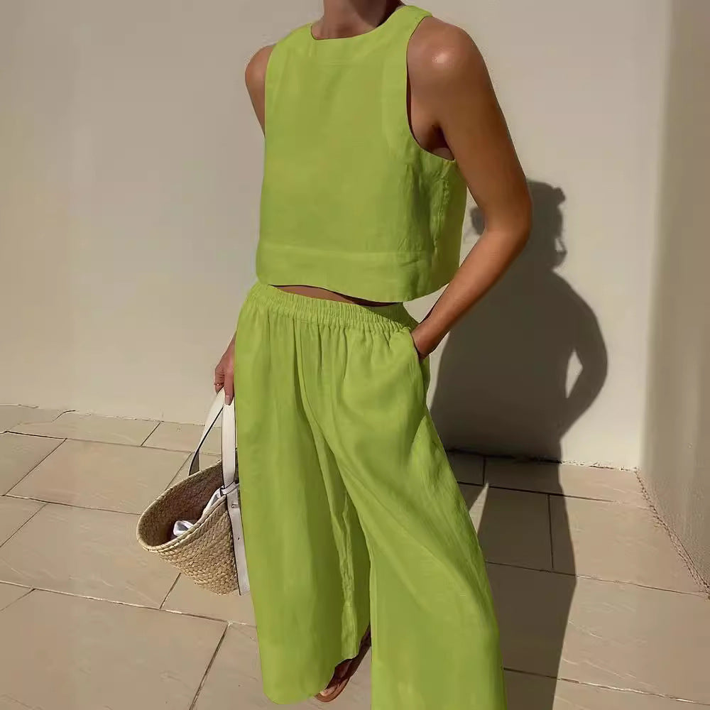 Damen luftiges und modernes Leinen-Set mit Cropped Top und weitem Hose Sovae