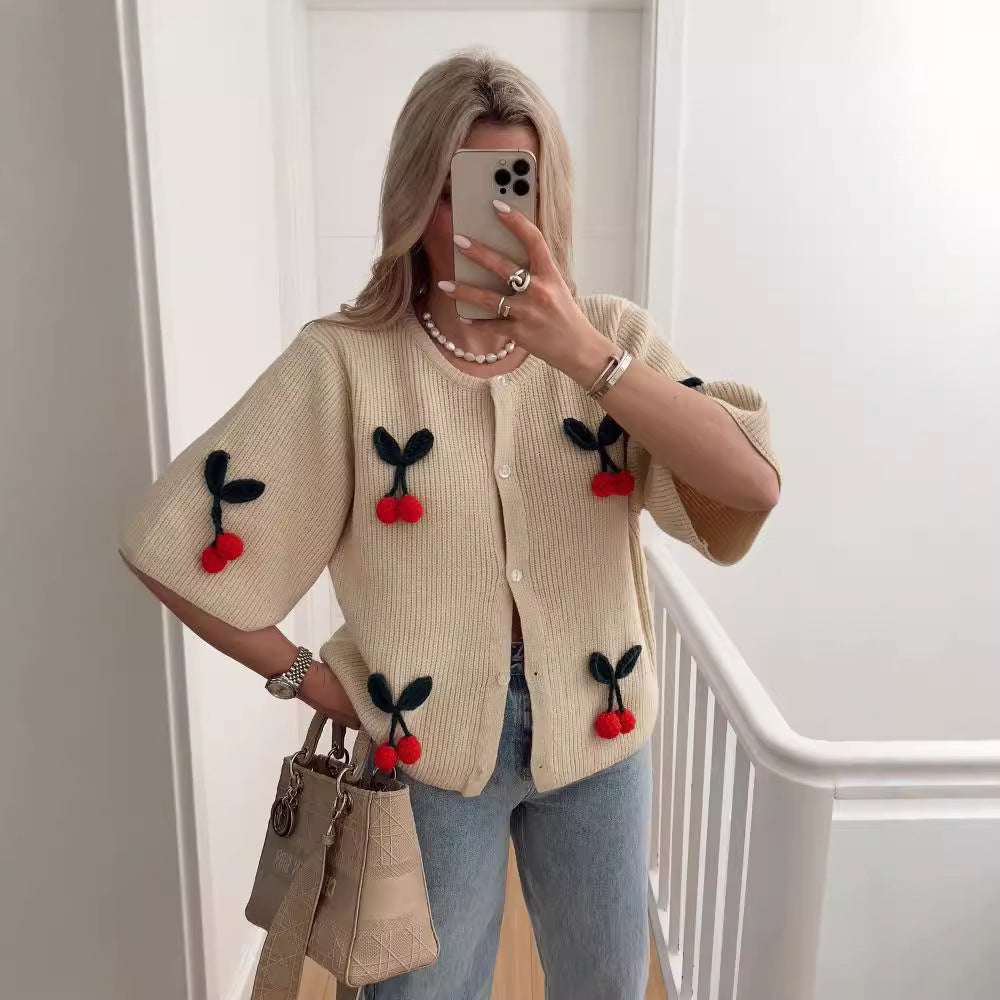 Damen lässiger und gestreifter Strickcardigan mit reizendem Kirschmuster Sovae
